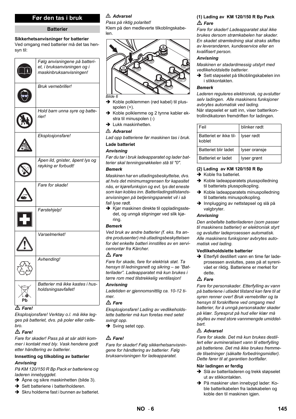 Før den tas i bruk | Karcher KM 120-150 R Bp 2SB User Manual | Page 145 / 264