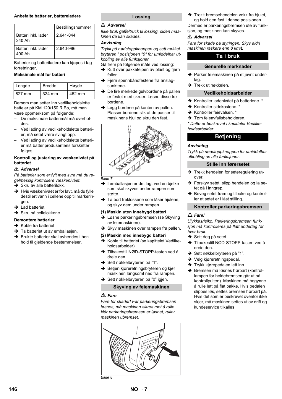 Ta i bruk, Betjening | Karcher KM 120-150 R Bp 2SB User Manual | Page 146 / 264