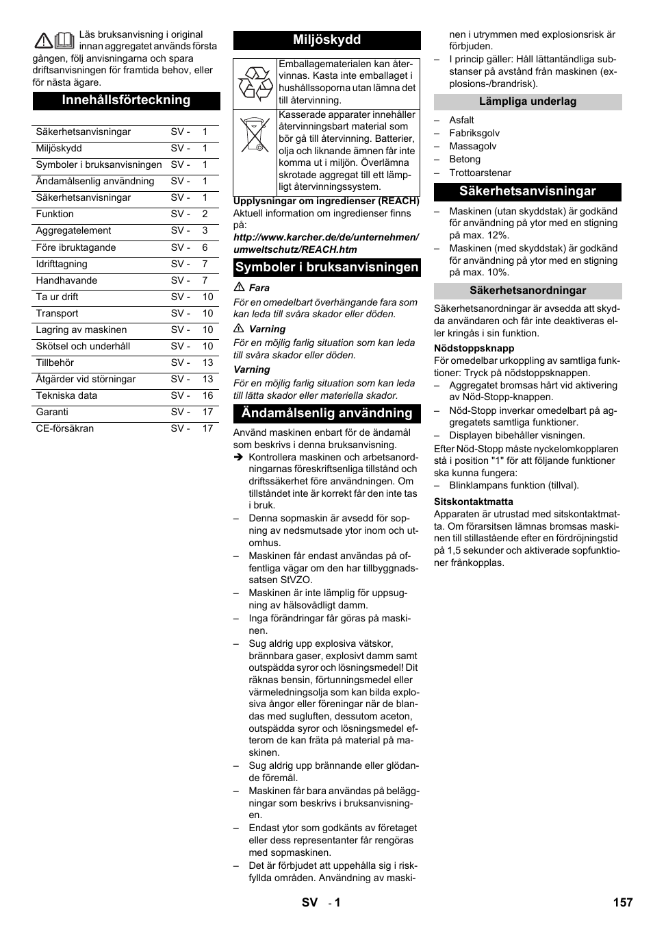 Innehållsförteckning, Miljöskydd, Säkerhetsanvisningar | Karcher KM 120-150 R Bp 2SB User Manual | Page 157 / 264