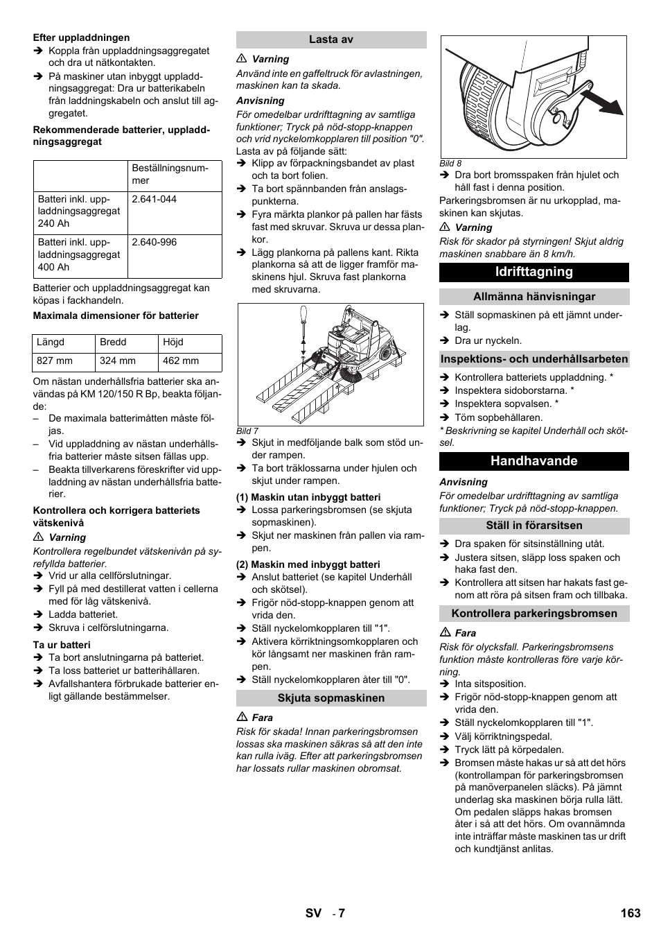 Idrifttagning, Handhavande | Karcher KM 120-150 R Bp 2SB User Manual | Page 163 / 264