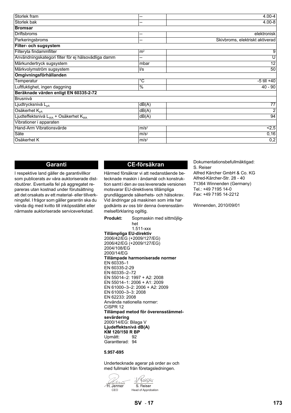Garanti ce-försäkran | Karcher KM 120-150 R Bp 2SB User Manual | Page 173 / 264