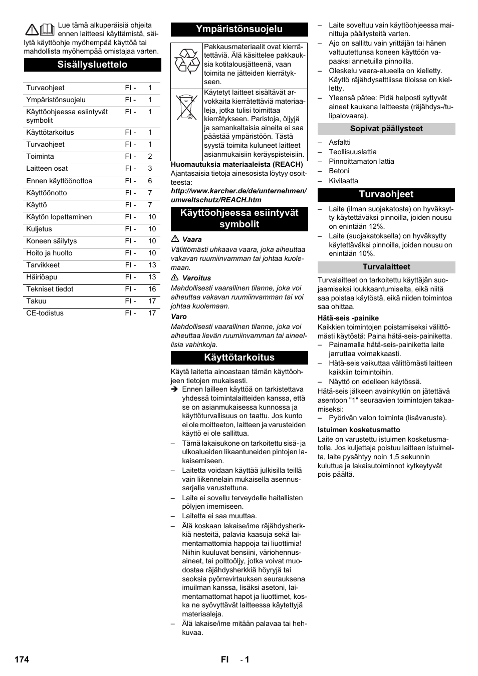 Sisällysluettelo, Ympäristönsuojelu, Käyttöohjeessa esiintyvät symbolit käyttötarkoitus | Turvaohjeet | Karcher KM 120-150 R Bp 2SB User Manual | Page 174 / 264