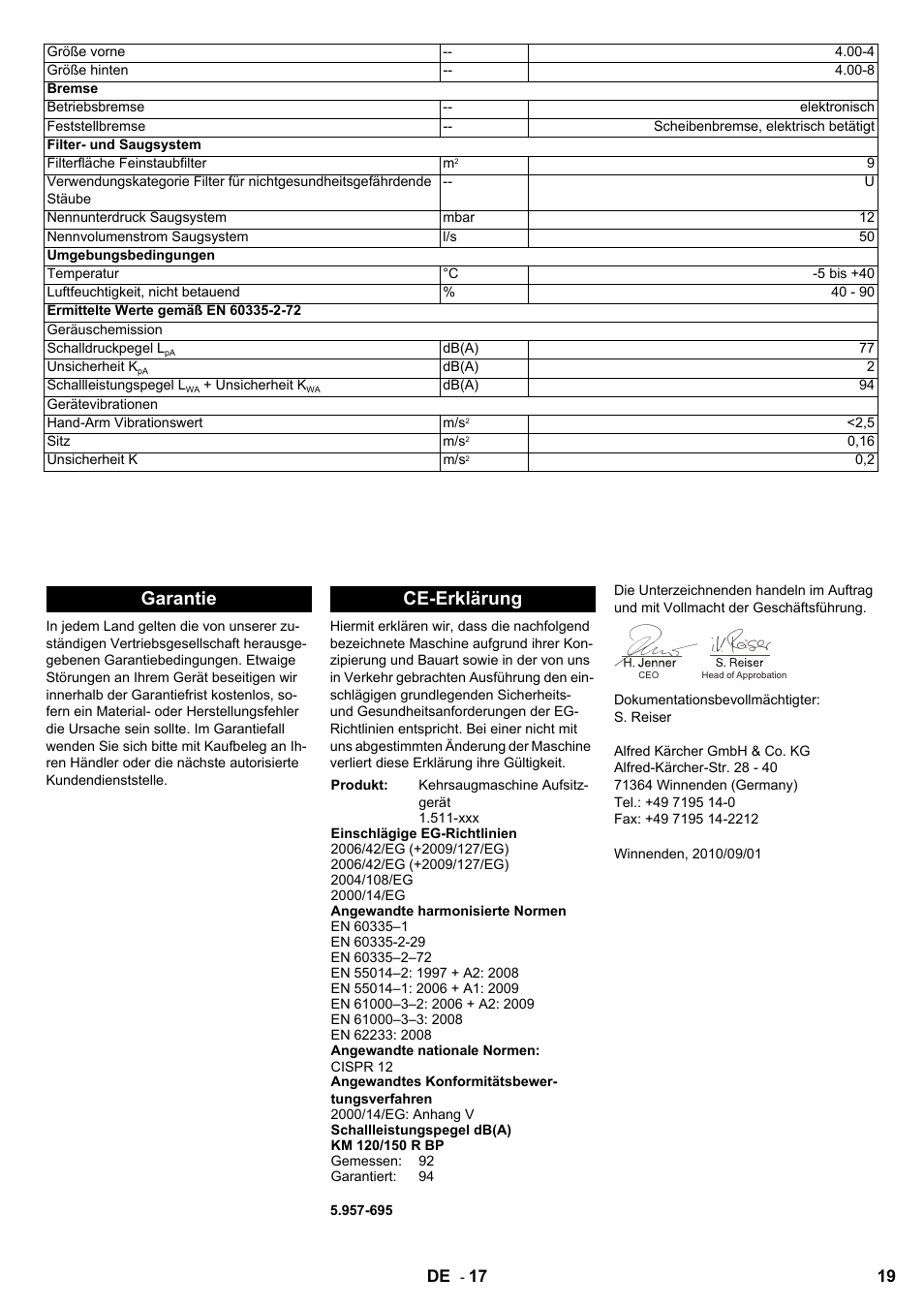 Garantie ce-erklärung | Karcher KM 120-150 R Bp 2SB User Manual | Page 19 / 264