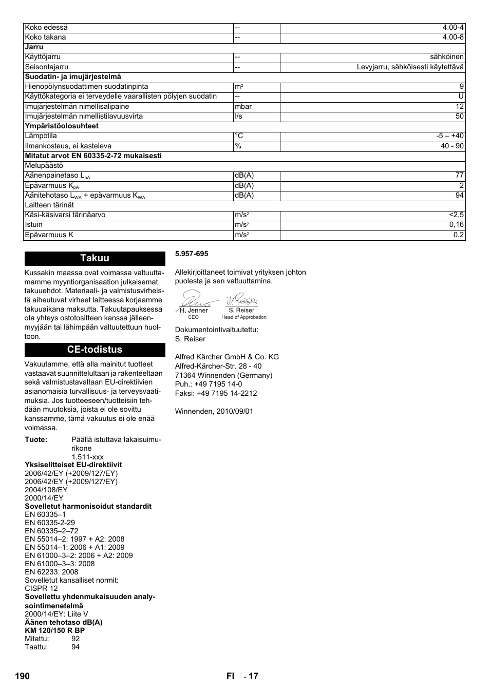 Takuu ce-todistus | Karcher KM 120-150 R Bp 2SB User Manual | Page 190 / 264