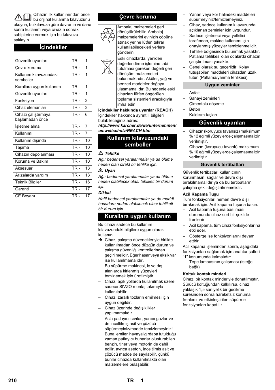 Içindekiler, Çevre koruma, Güvenlik uyarıları | Karcher KM 120-150 R Bp 2SB User Manual | Page 210 / 264