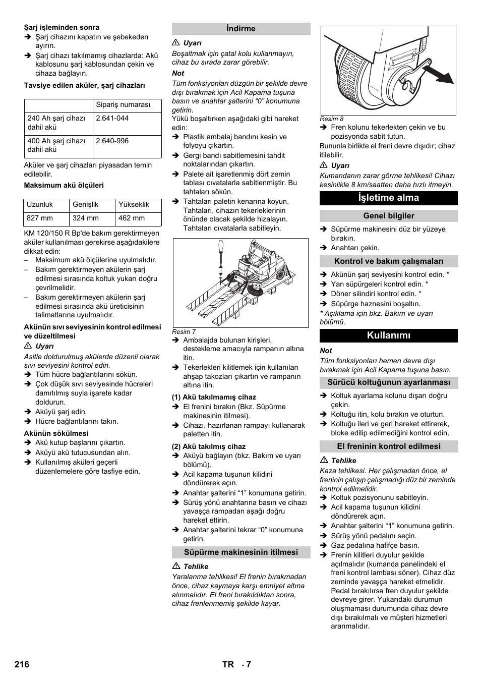 Işletime alma, Kullanımı | Karcher KM 120-150 R Bp 2SB User Manual | Page 216 / 264