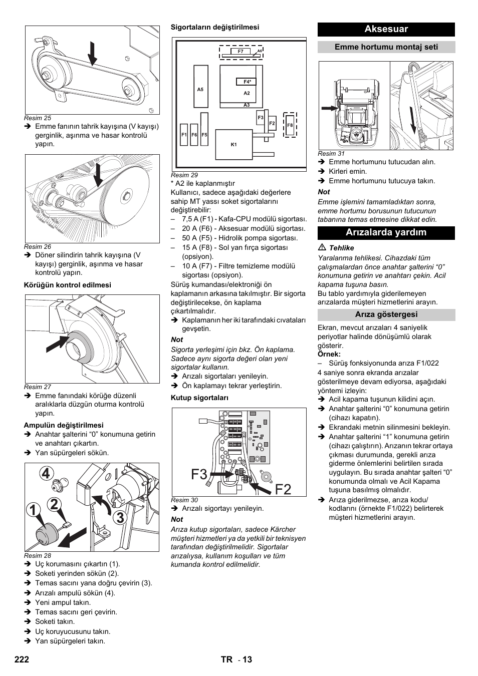 Aksesuar, Arızalarda yardım | Karcher KM 120-150 R Bp 2SB User Manual | Page 222 / 264