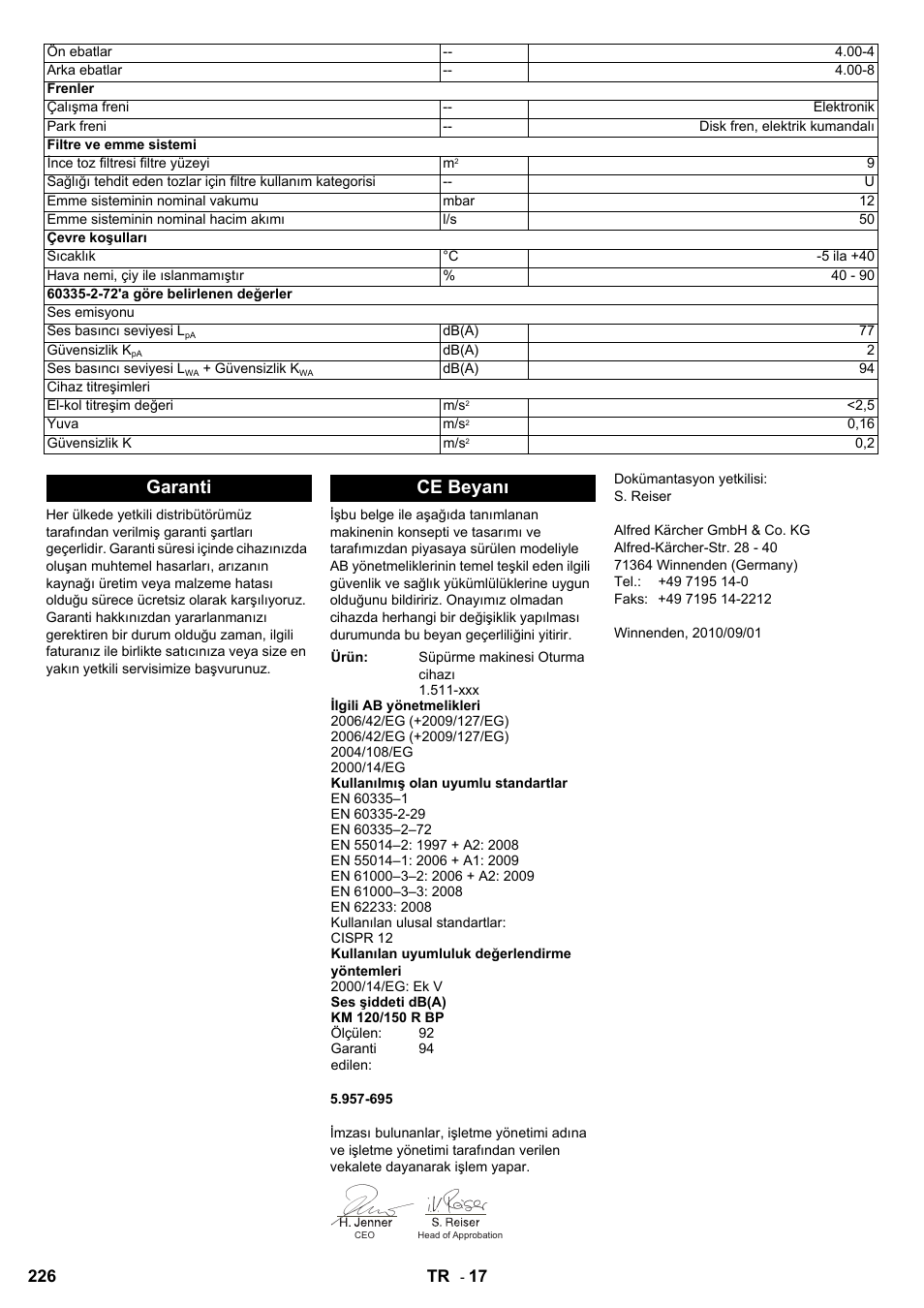 Garanti ce beyanı | Karcher KM 120-150 R Bp 2SB User Manual | Page 226 / 264