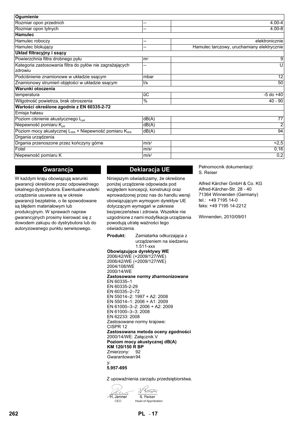 Gwarancja deklaracja ue | Karcher KM 120-150 R Bp 2SB User Manual | Page 262 / 264