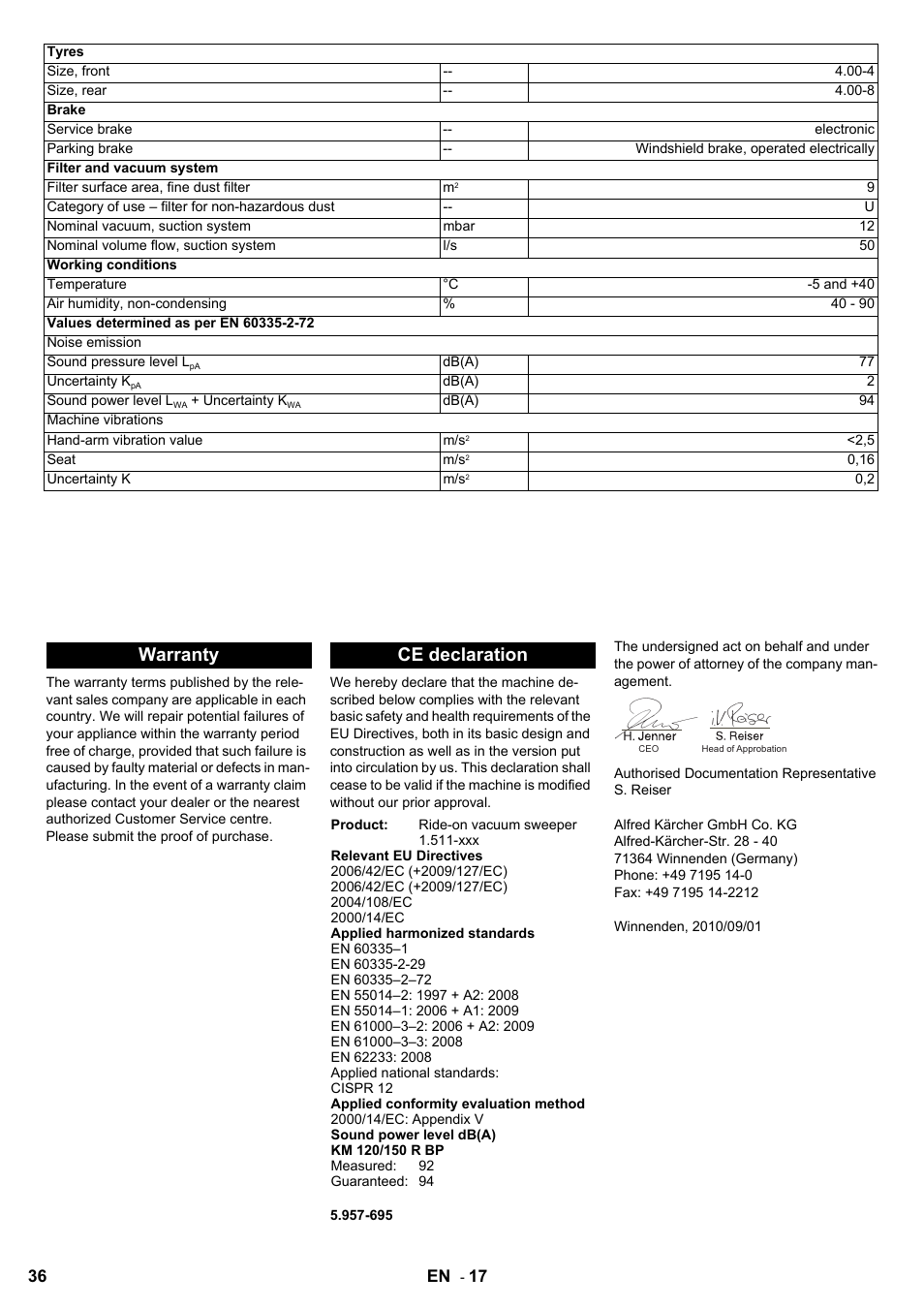 Warranty ce declaration | Karcher KM 120-150 R Bp 2SB User Manual | Page 36 / 264