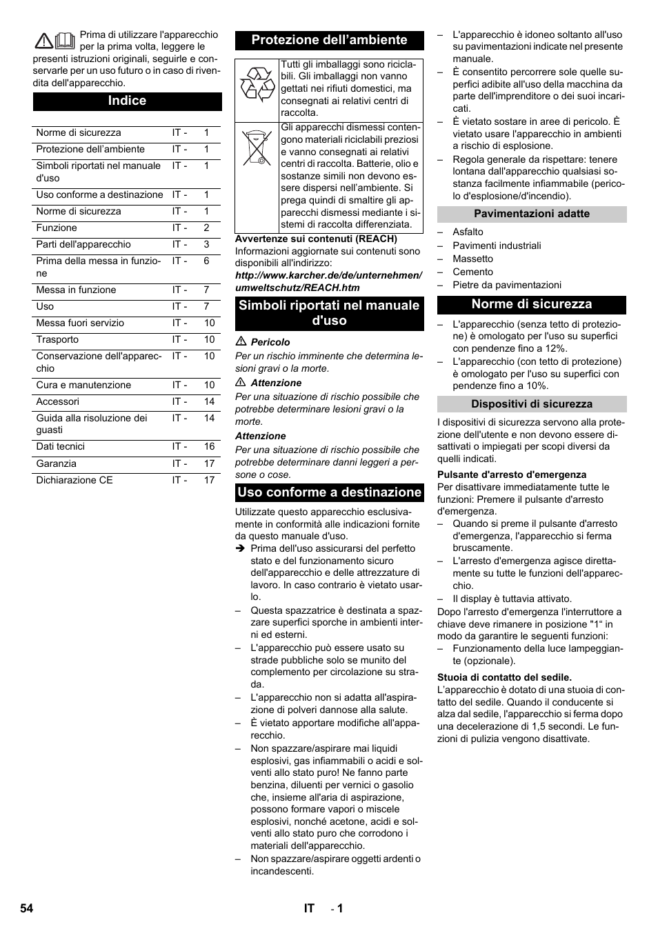 Indice, Protezione dell’ambiente, Norme di sicurezza | Karcher KM 120-150 R Bp 2SB User Manual | Page 54 / 264