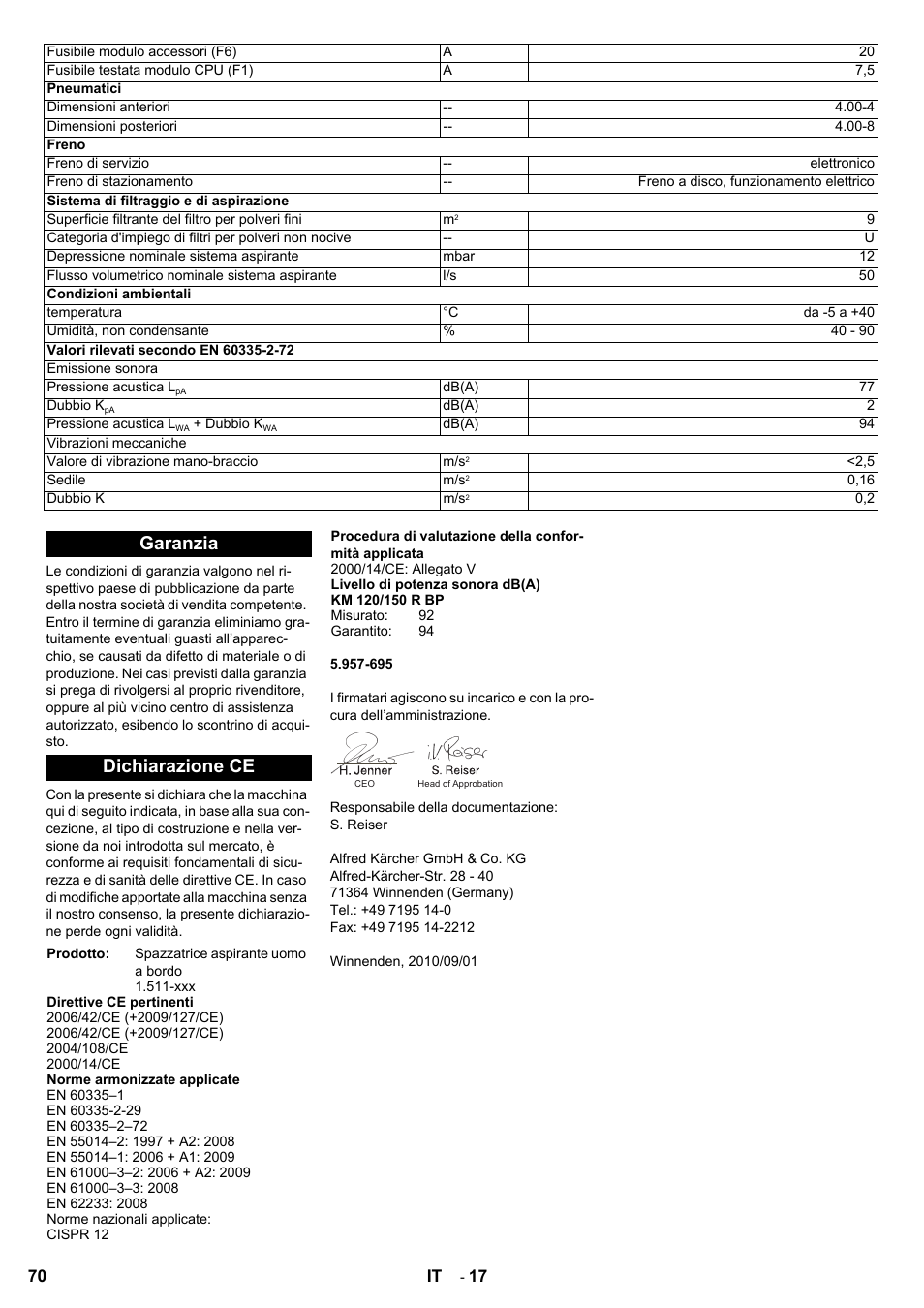 Garanzia dichiarazione ce | Karcher KM 120-150 R Bp 2SB User Manual | Page 70 / 264