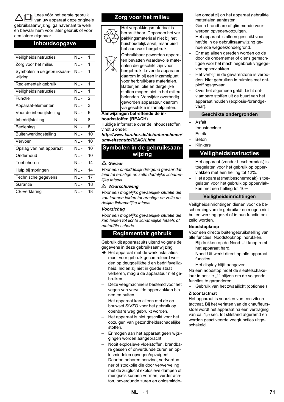 Inhoudsopgave, Zorg voor het milieu, Veiligheidsinstructies | Karcher KM 120-150 R Bp 2SB User Manual | Page 71 / 264