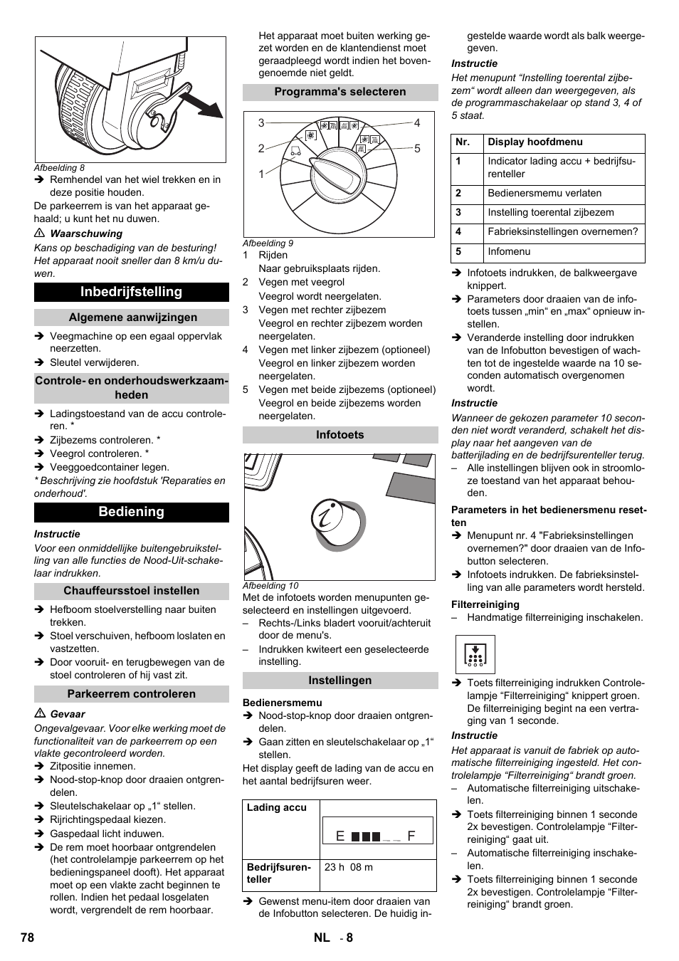 Inbedrijfstelling, Bediening | Karcher KM 120-150 R Bp 2SB User Manual | Page 78 / 264