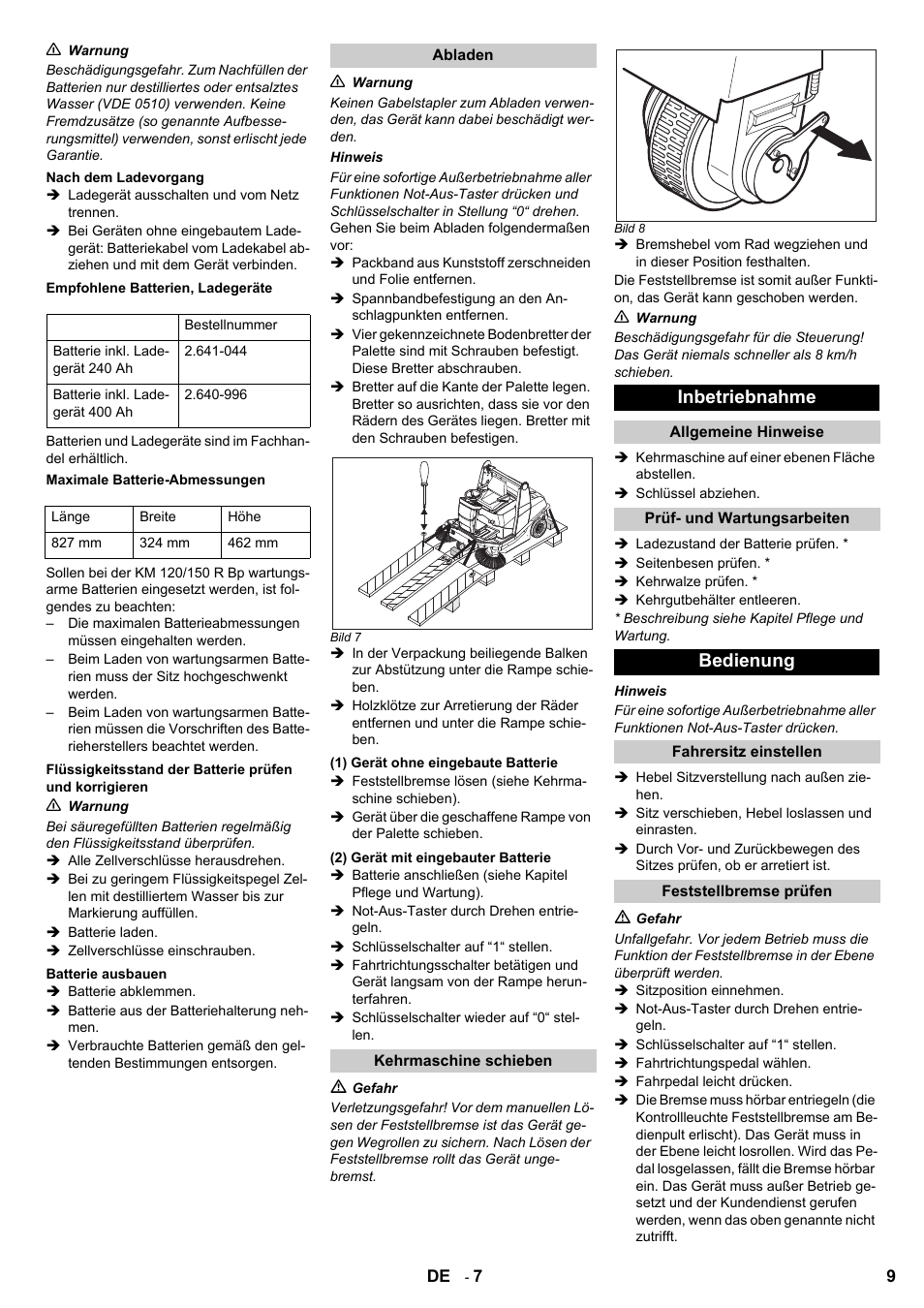 Inbetriebnahme, Bedienung | Karcher KM 120-150 R Bp 2SB User Manual | Page 9 / 264