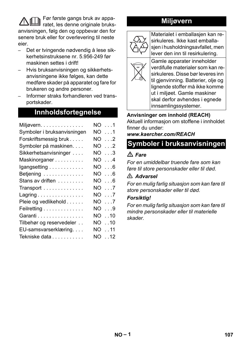 Norsk, Innholdsfortegnelse, Miljøvern | Symboler i bruksanvisningen | Karcher IV 100 - 40 M B1 User Manual | Page 107 / 352