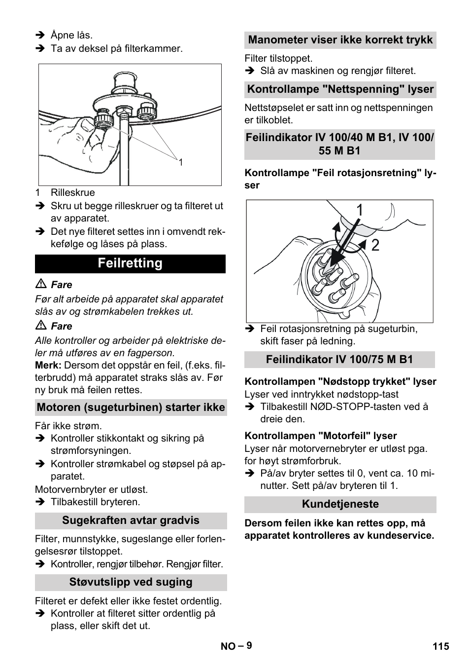 Feilretting, Motoren (sugeturbinen) starter ikke, Sugekraften avtar gradvis | Støvutslipp ved suging, Manometer viser ikke korrekt trykk, Kontrollampe "nettspenning" lyser, Feilindikator iv 100/40 m b1, iv 100/ 55 m b1, Kontrollampe "feil rotasjonsretning" lyser, Feilindikator iv 100/75 m b1, Kontrollampen "nødstopp trykket" lyser | Karcher IV 100 - 40 M B1 User Manual | Page 115 / 352