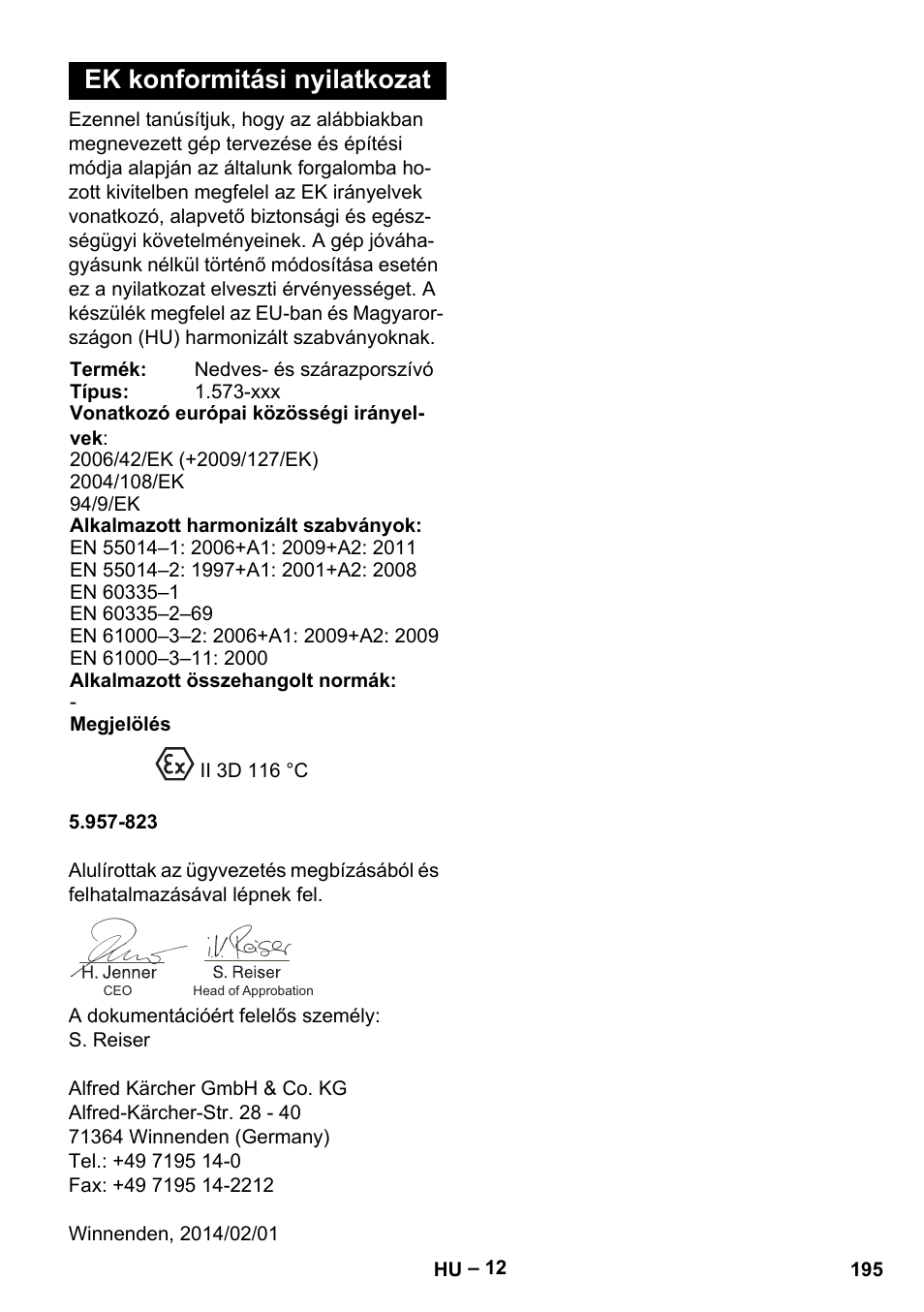 Ek konformitási nyilatkozat | Karcher IV 100 - 40 M B1 User Manual | Page 195 / 352