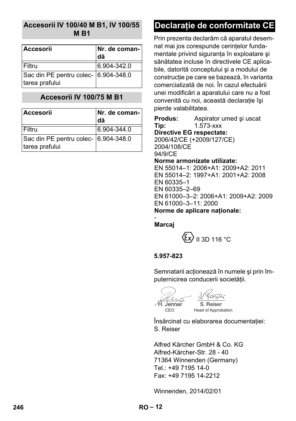 Accesorii iv 100/40 m b1, iv 100/55 m b1, Accesorii iv 100/75 m b1, Declaraţie de conformitate ce | Karcher IV 100 - 40 M B1 User Manual | Page 246 / 352