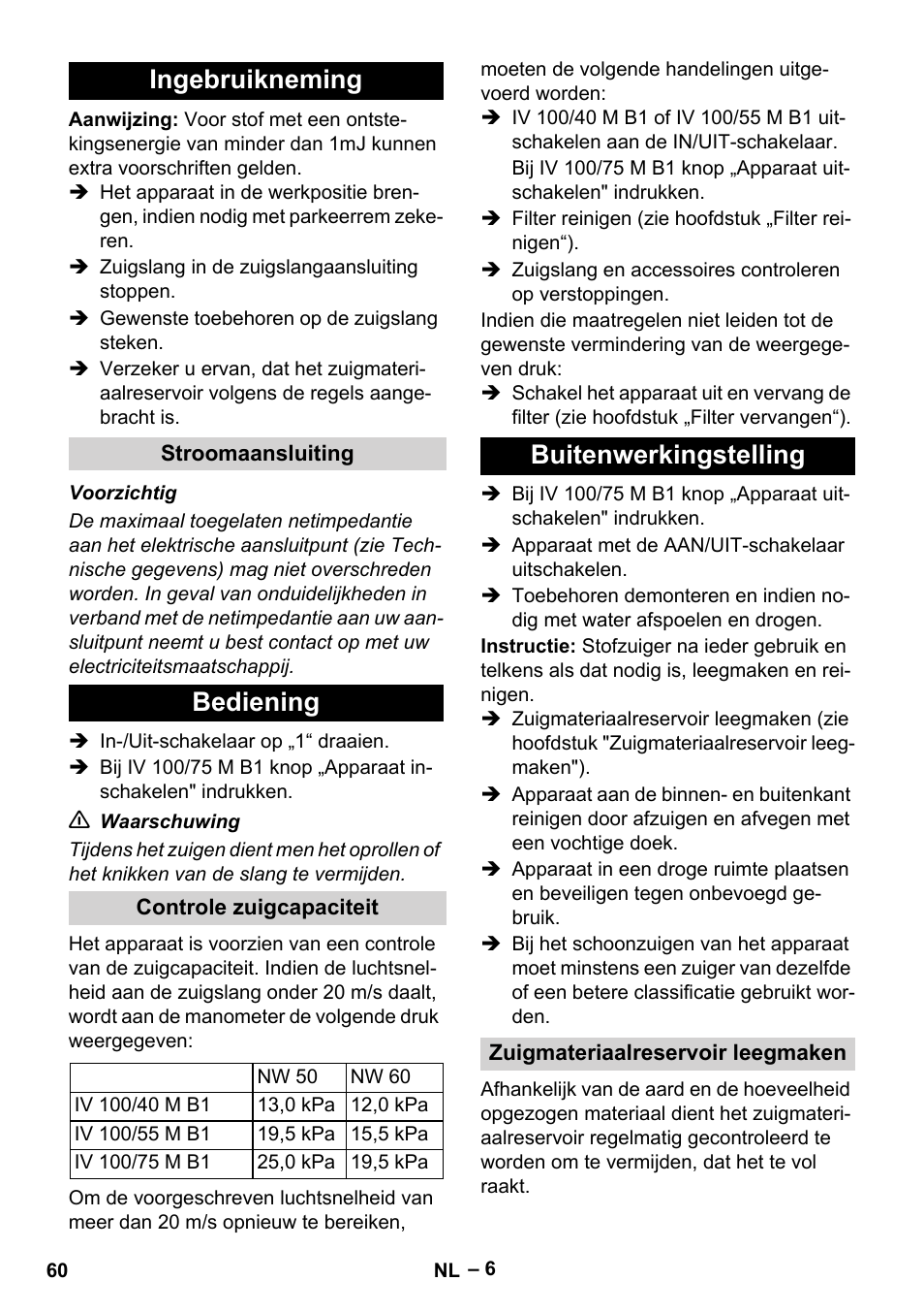 Ingebruikneming, Stroomaansluiting, Bediening | Controle zuigcapaciteit, Buitenwerkingstelling, Zuigmateriaalreservoir leegmaken | Karcher IV 100 - 40 M B1 User Manual | Page 60 / 352