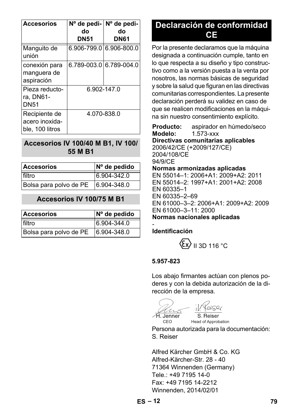 Accesorios iv 100/40 m b1, iv 100/ 55 m b1, Accesorios iv 100/75 m b1, Declaración de conformidad ce | Karcher IV 100 - 40 M B1 User Manual | Page 79 / 352