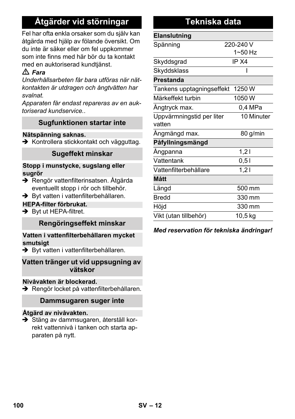 Åtgärder vid störningar, Tekniska data | Karcher SV 1902 User Manual | Page 100 / 284