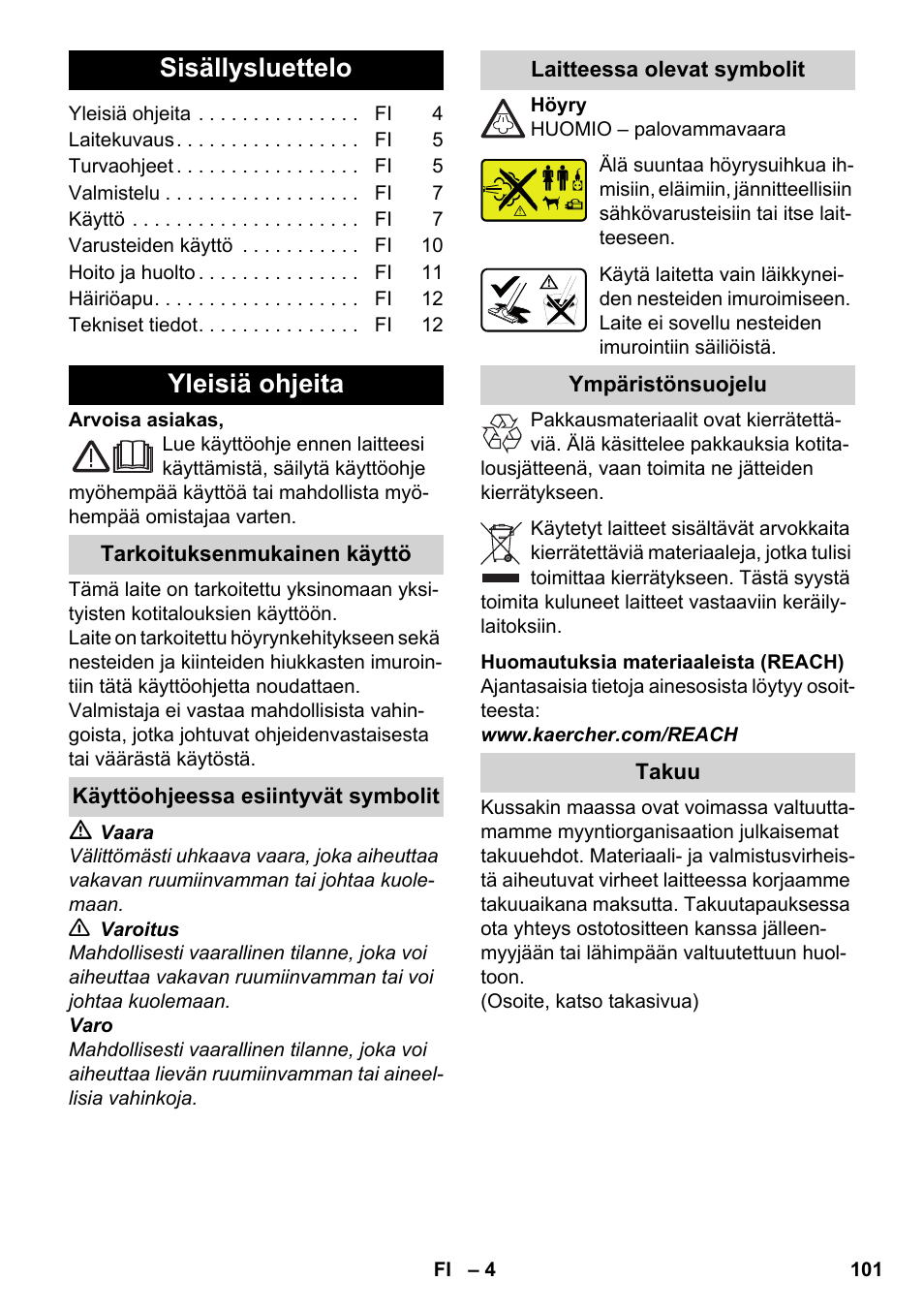 Suomi, Sisällysluettelo, Yleisiä ohjeita | Karcher SV 1902 User Manual | Page 101 / 284