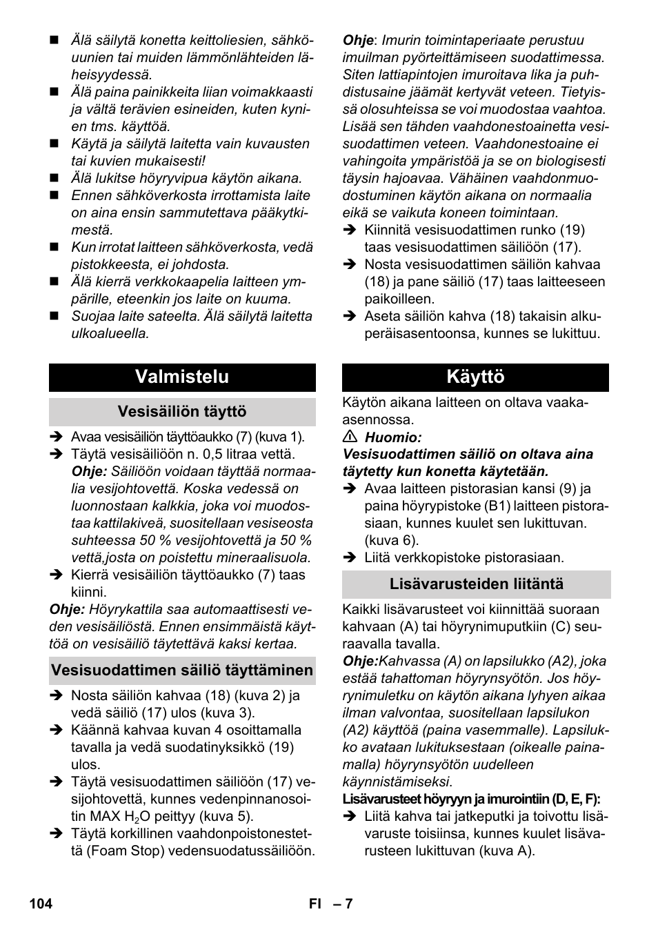 Valmistelu, Käyttö | Karcher SV 1902 User Manual | Page 104 / 284