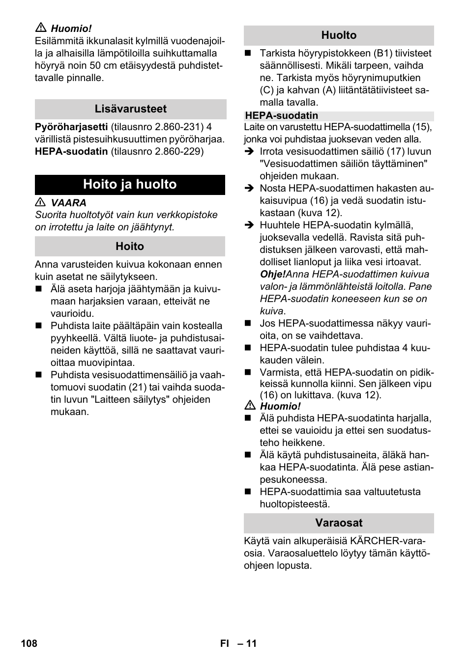 Hoito ja huolto | Karcher SV 1902 User Manual | Page 108 / 284