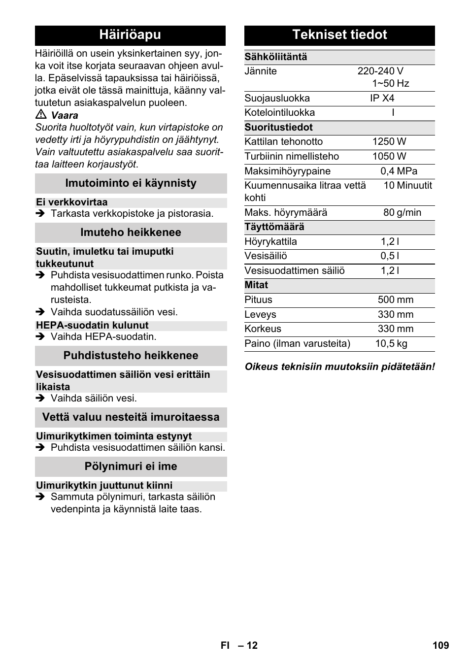 Häiriöapu, Tekniset tiedot | Karcher SV 1902 User Manual | Page 109 / 284