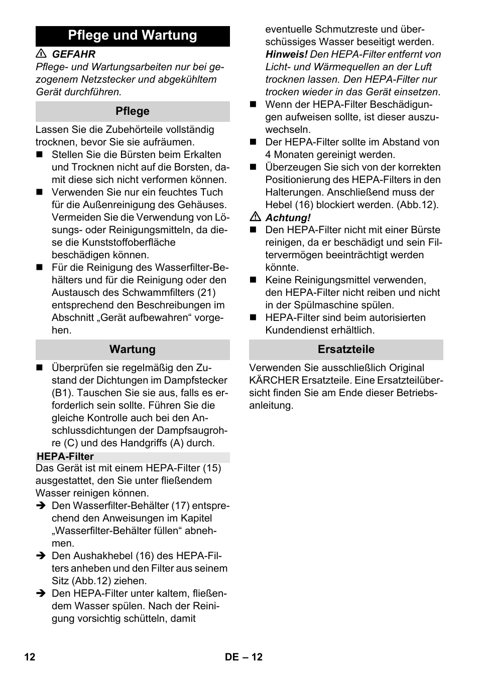 Pflege und wartung | Karcher SV 1902 User Manual | Page 12 / 284