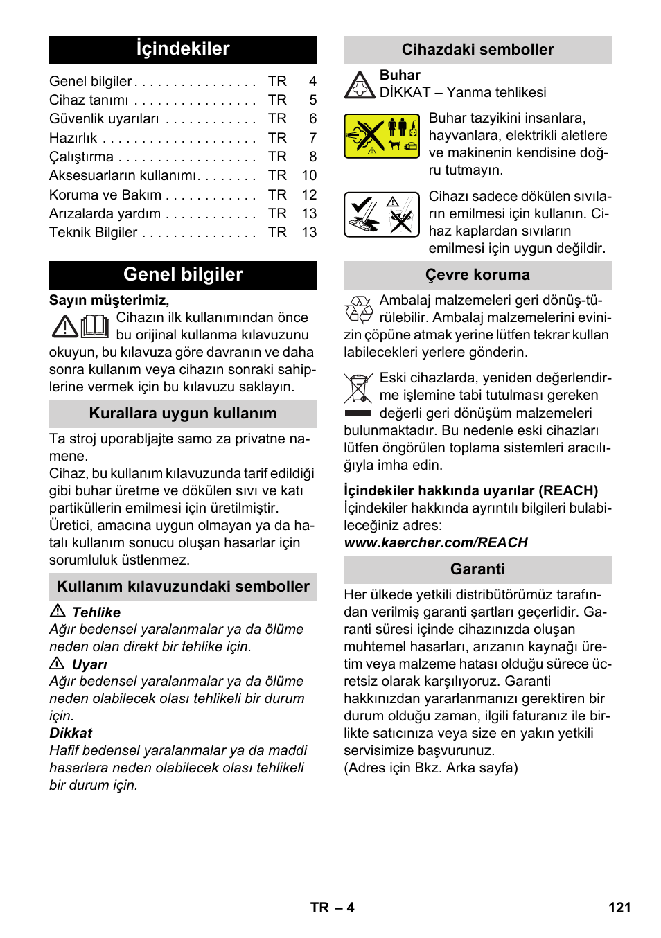 Türkçe, Içindekiler, Genel bilgiler | Karcher SV 1902 User Manual | Page 121 / 284