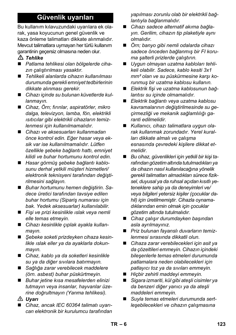 Güvenlik uyarıları | Karcher SV 1902 User Manual | Page 123 / 284