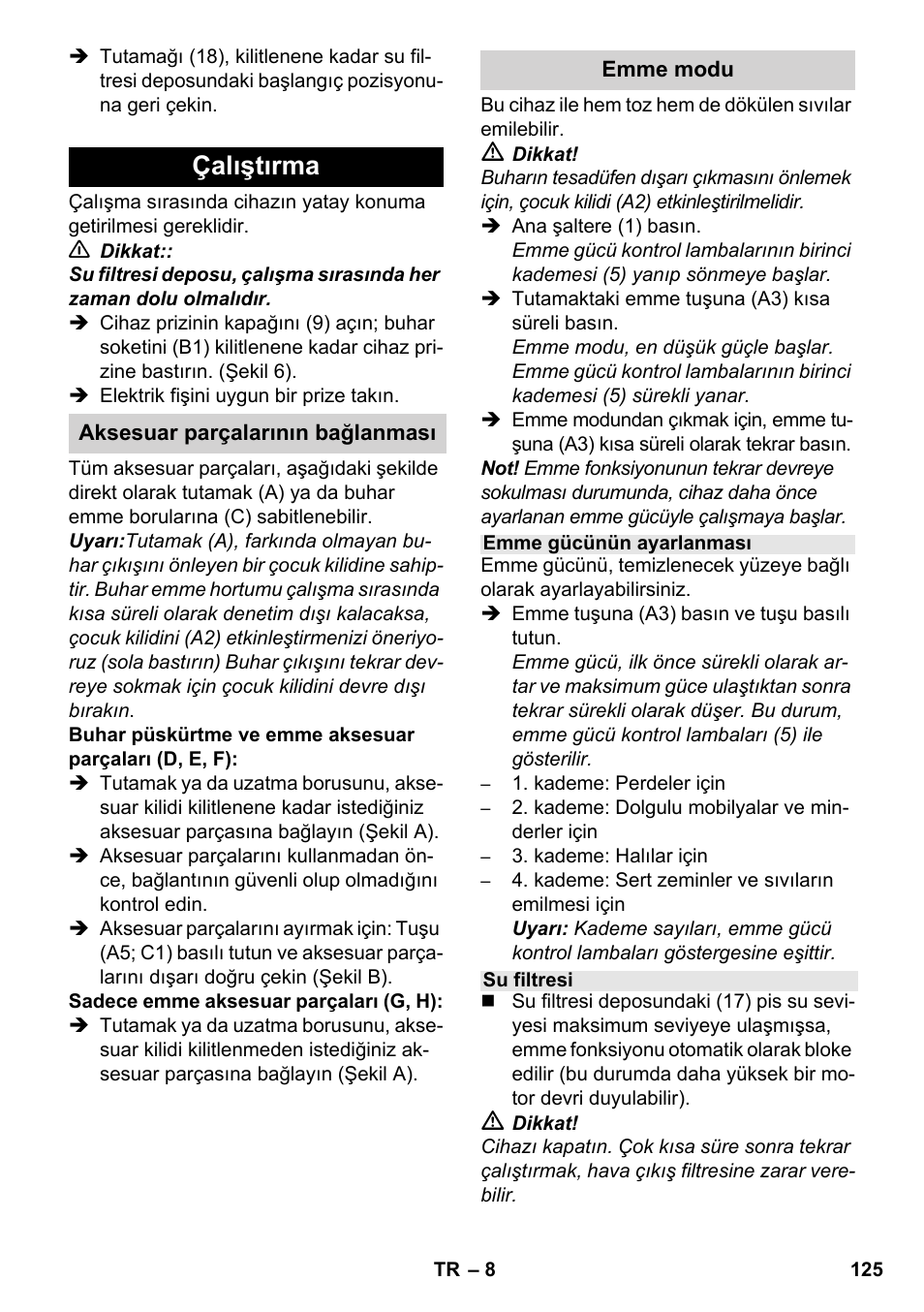 Çalıştırma | Karcher SV 1902 User Manual | Page 125 / 284