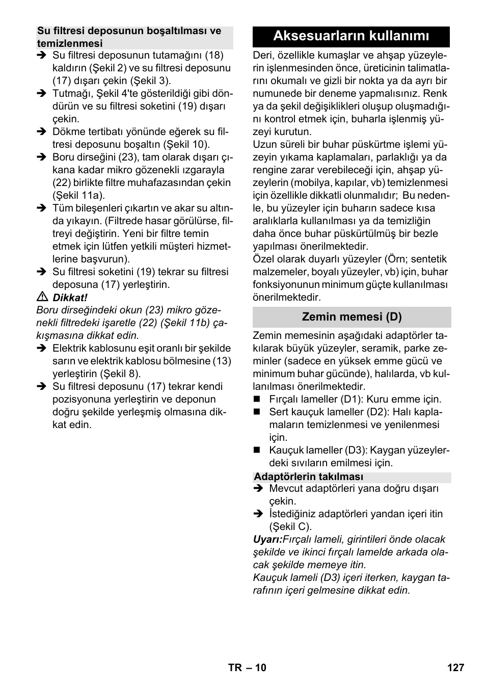 Aksesuarların kullanımı | Karcher SV 1902 User Manual | Page 127 / 284