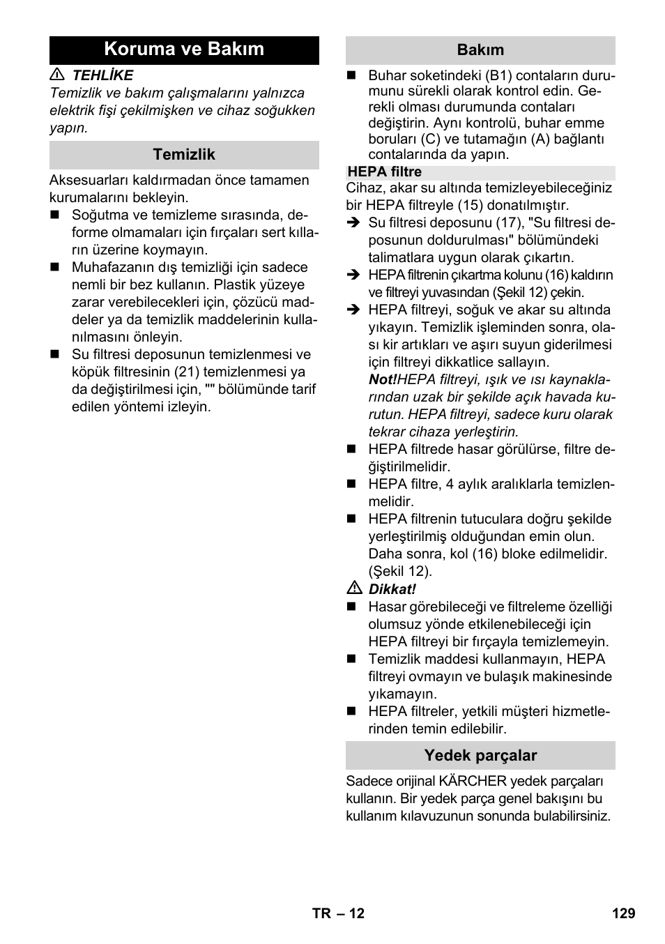 Koruma ve bakım | Karcher SV 1902 User Manual | Page 129 / 284