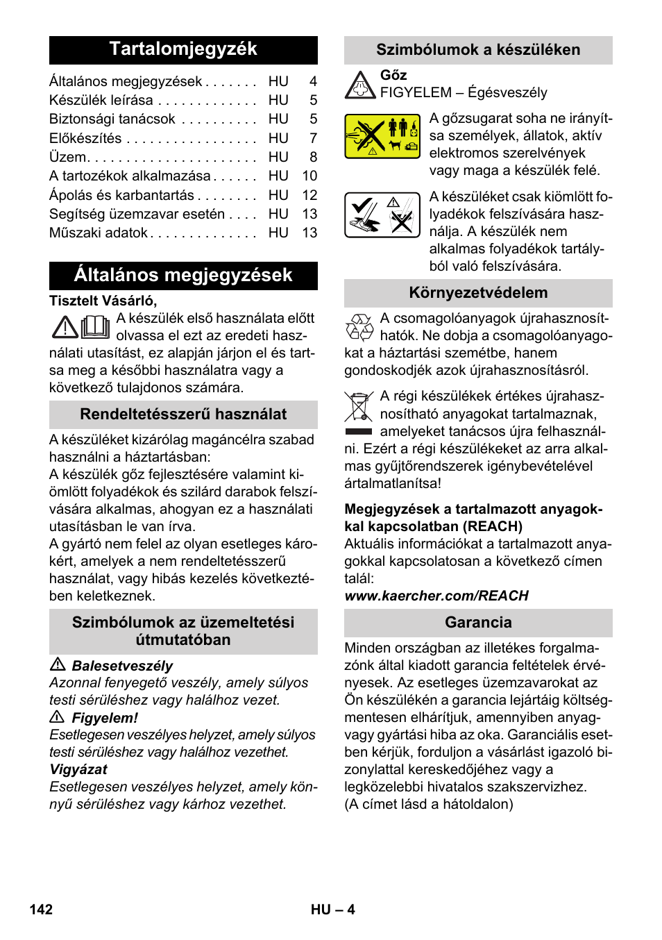 Magyar, Tartalomjegyzék, Általános megjegyzések | Karcher SV 1902 User Manual | Page 142 / 284