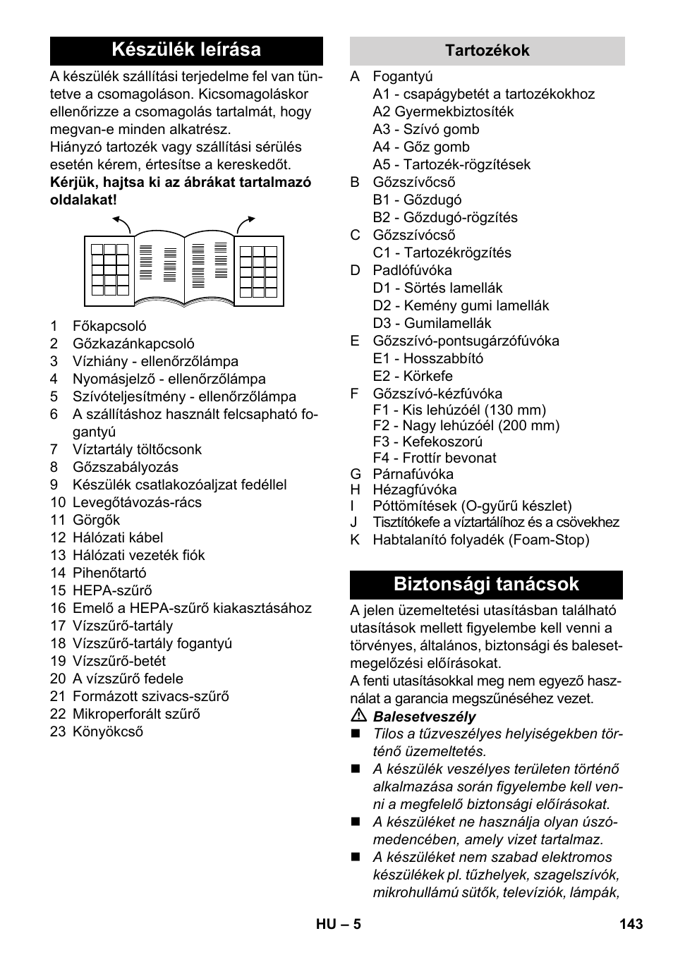Készülék leírása, Biztonsági tanácsok | Karcher SV 1902 User Manual | Page 143 / 284