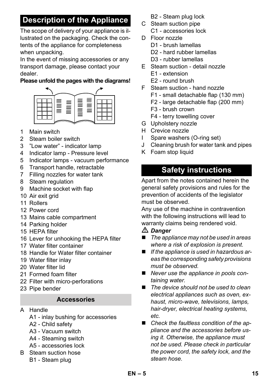 Description of the appliance, Safety instructions | Karcher SV 1902 User Manual | Page 15 / 284