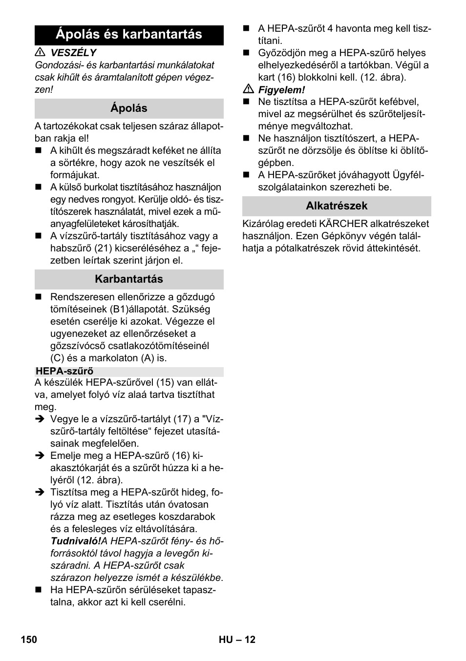 Ápolás és karbantartás | Karcher SV 1902 User Manual | Page 150 / 284