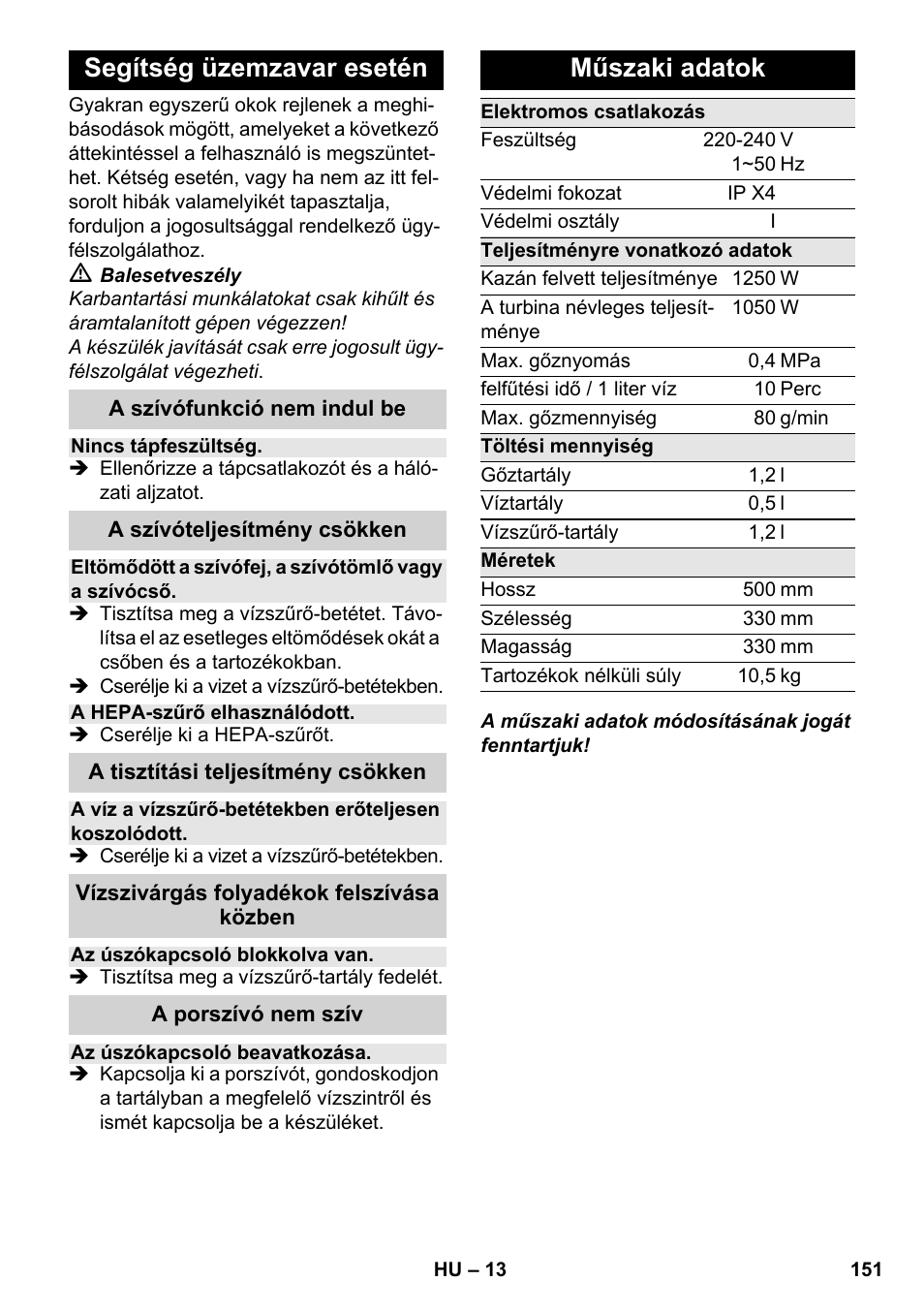 Segítség üzemzavar esetén, Műszaki adatok | Karcher SV 1902 User Manual | Page 151 / 284