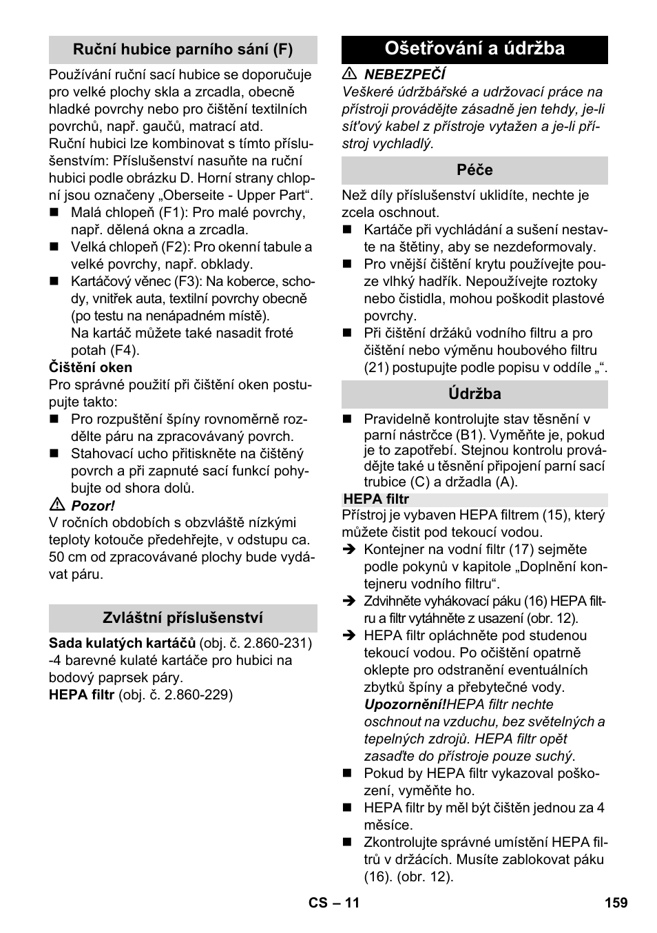 Ošetřování a údržba | Karcher SV 1902 User Manual | Page 159 / 284