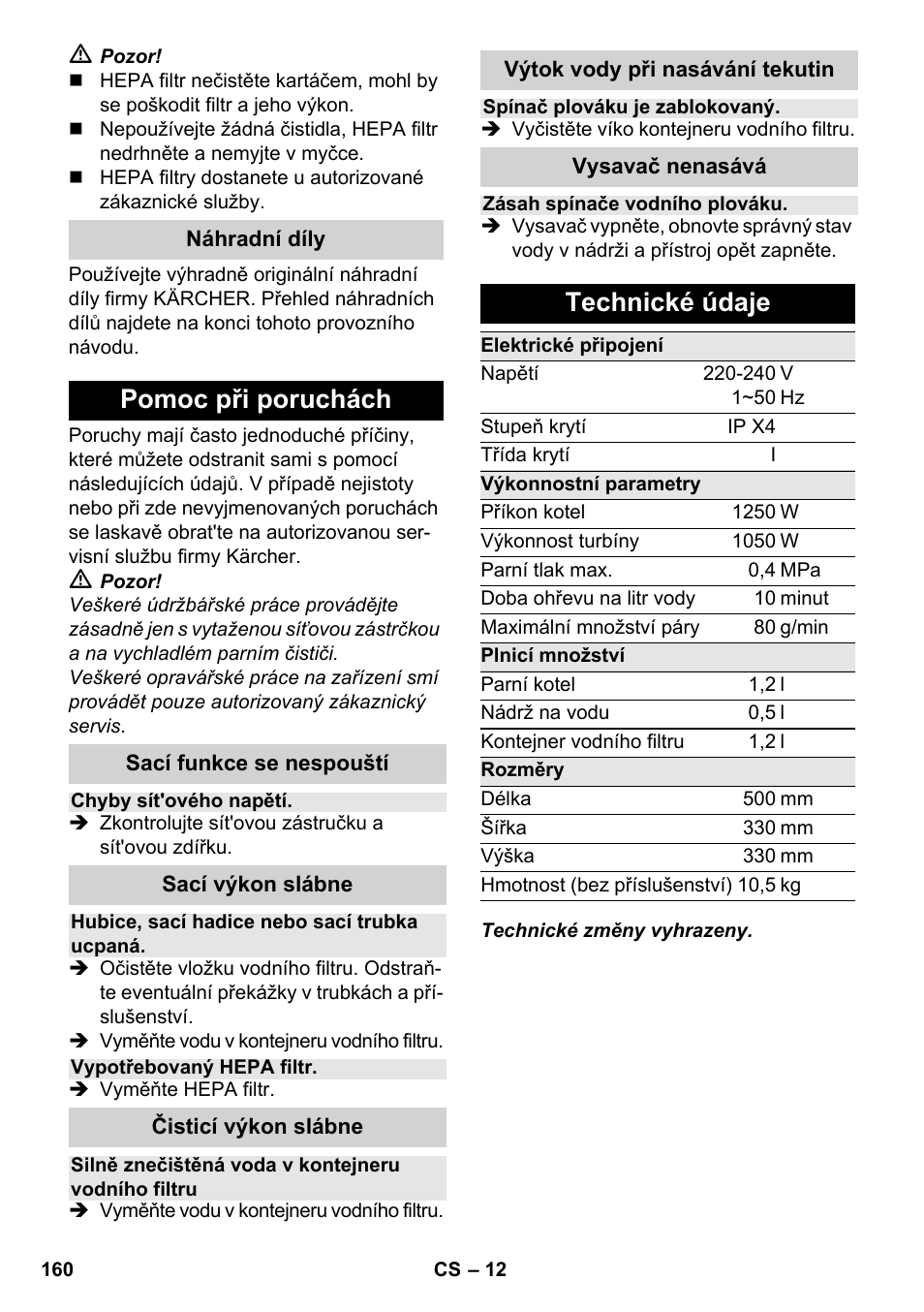 Pomoc při poruchách, Technické údaje | Karcher SV 1902 User Manual | Page 160 / 284