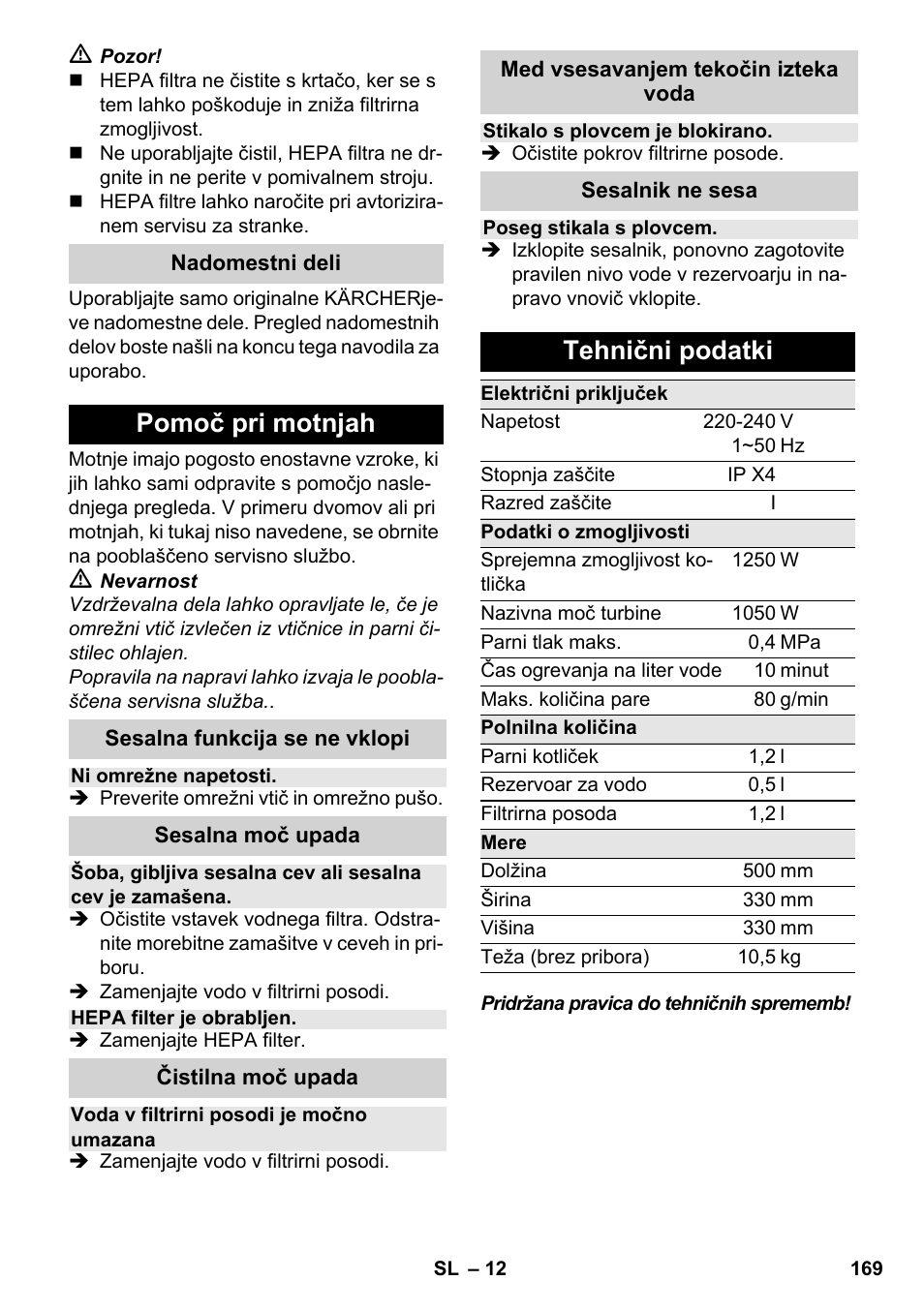 Pomoč pri motnjah, Tehnični podatki | Karcher SV 1902 User Manual | Page 169 / 284