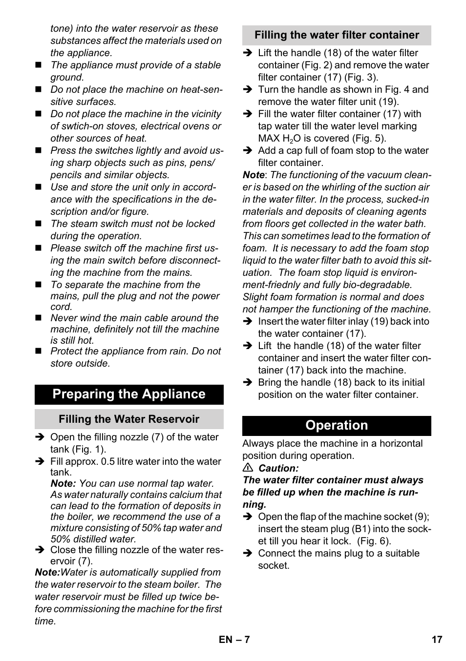 Preparing the appliance, Operation | Karcher SV 1902 User Manual | Page 17 / 284