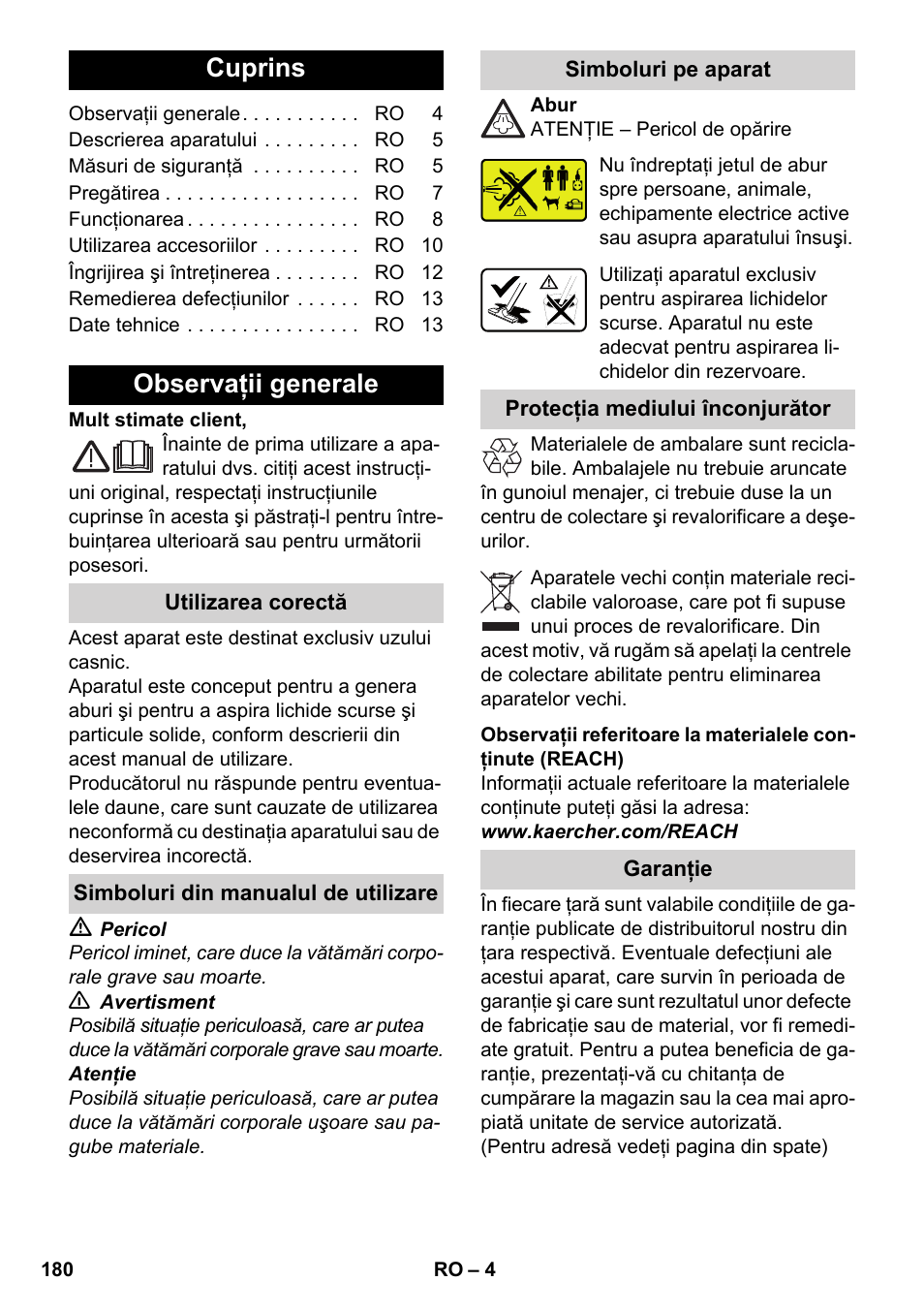 Româneşte, Cuprins, Observaţii generale | Karcher SV 1902 User Manual | Page 180 / 284