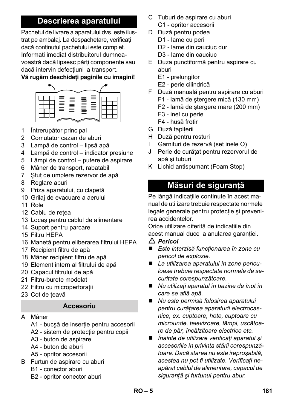 Descrierea aparatului, Măsuri de siguranţă | Karcher SV 1902 User Manual | Page 181 / 284