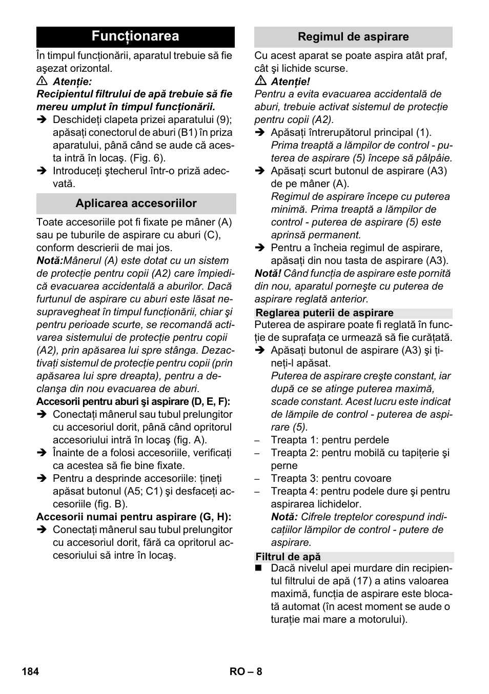 Funcţionarea | Karcher SV 1902 User Manual | Page 184 / 284