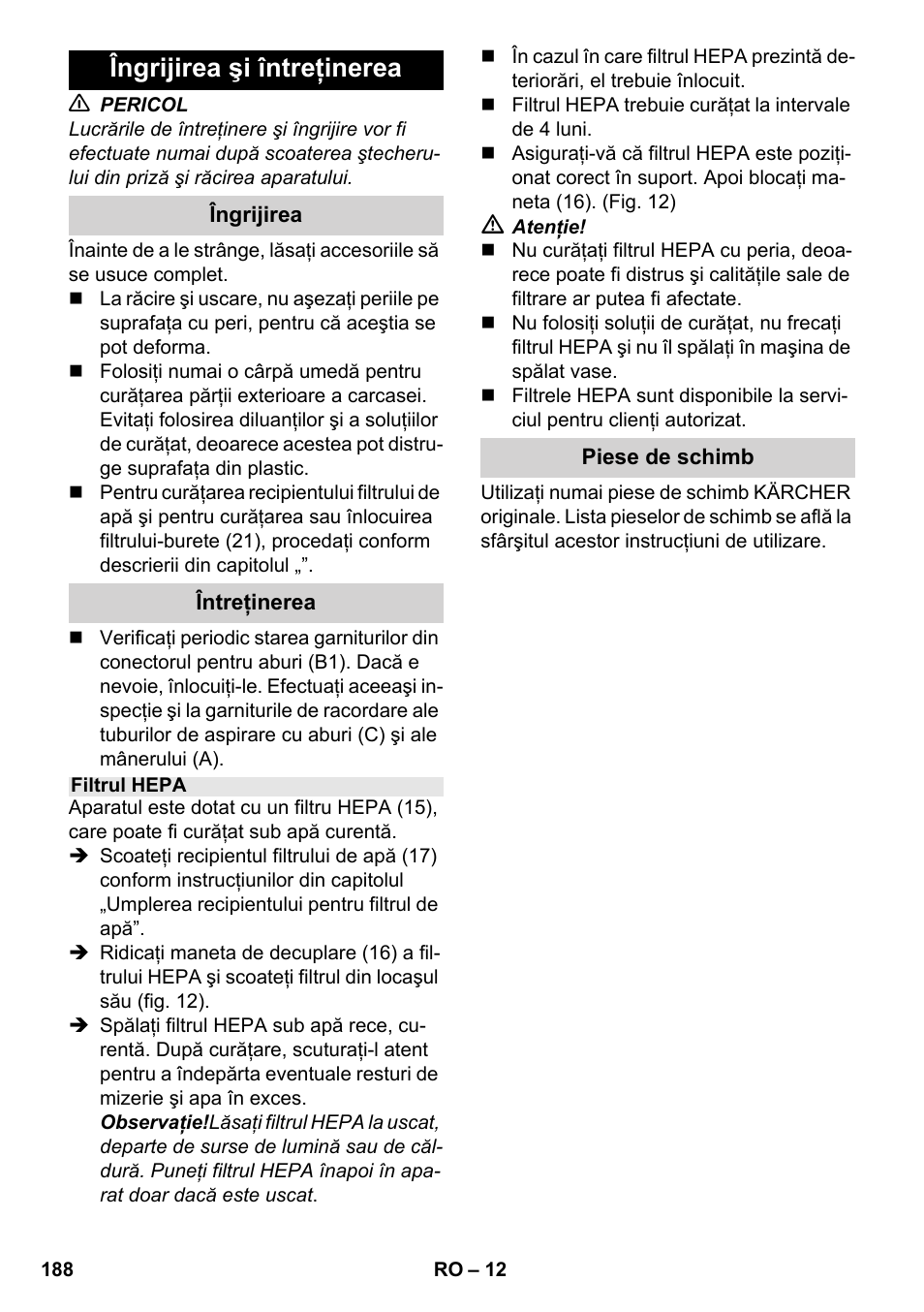 Îngrijirea şi întreţinerea | Karcher SV 1902 User Manual | Page 188 / 284