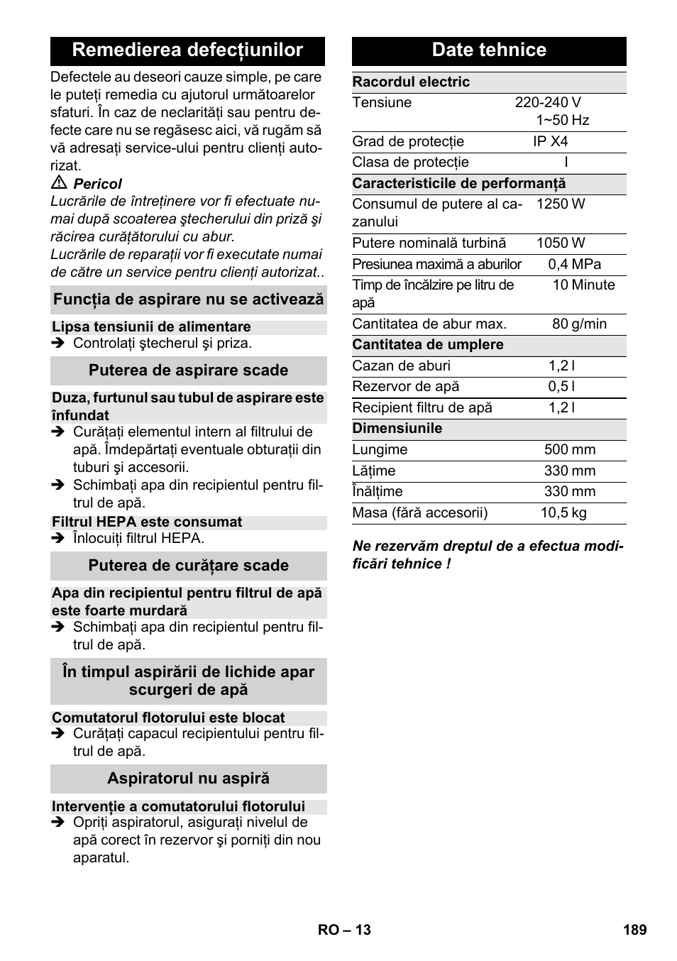 Remedierea defecţiunilor, Date tehnice | Karcher SV 1902 User Manual | Page 189 / 284